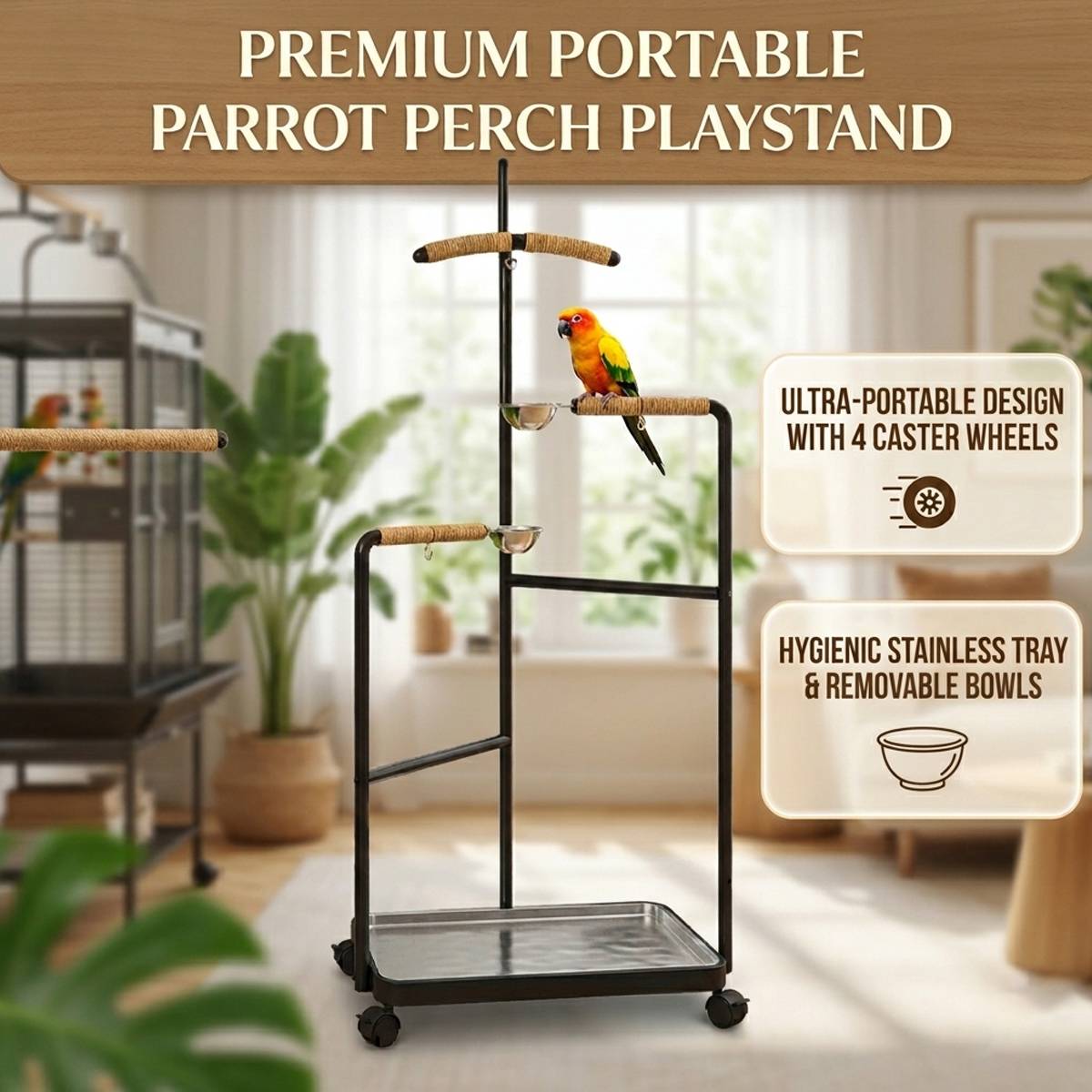 Floor Standing Parrot Bird Stand Multi Level Perch Training Stand with Wheels Stainless Steel Tray