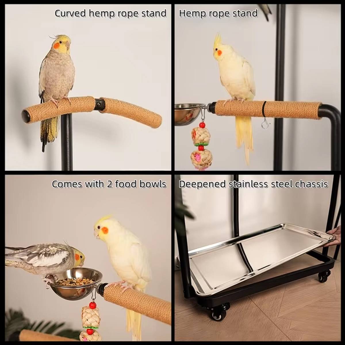 Floor Standing Parrot Bird Stand Multi Level Perch Training Stand with Wheels Stainless Steel Tray
