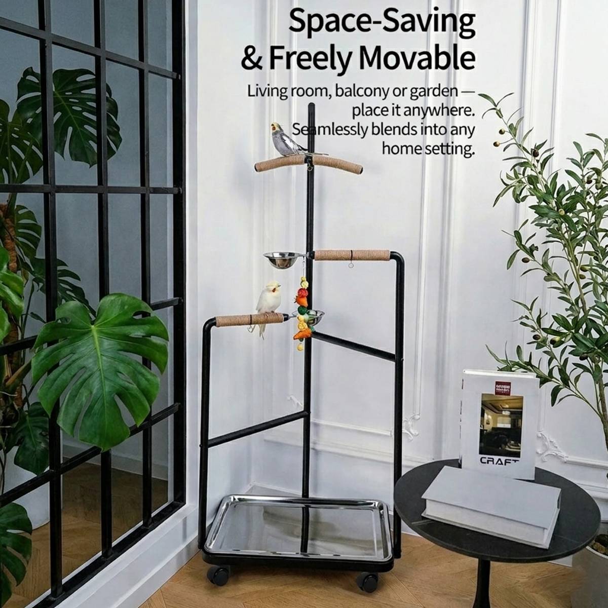 Floor Standing Parrot Bird Stand Multi Level Perch Training Stand with Wheels Stainless Steel Tray