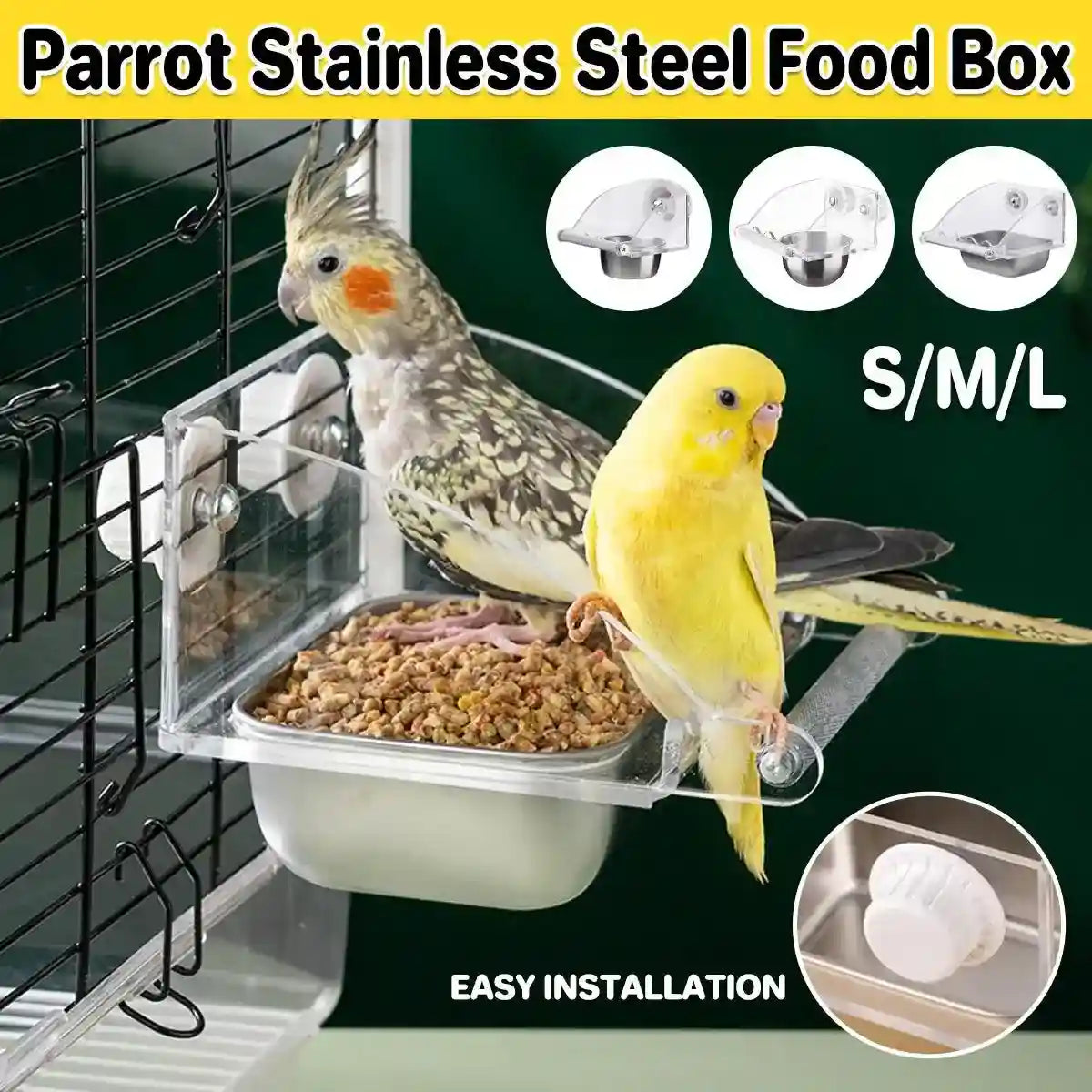 Stainless steel bird bowl with acrylic feeder for parrots, cockatiels, and budgies.