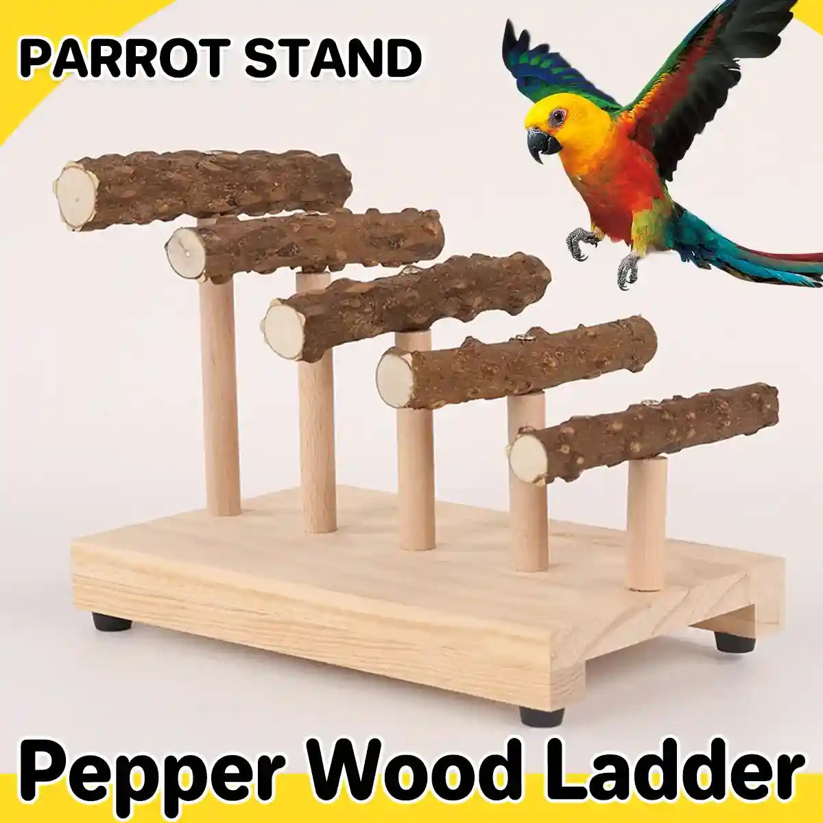 Wooden parrot stand with climbing ladder and natural perches
