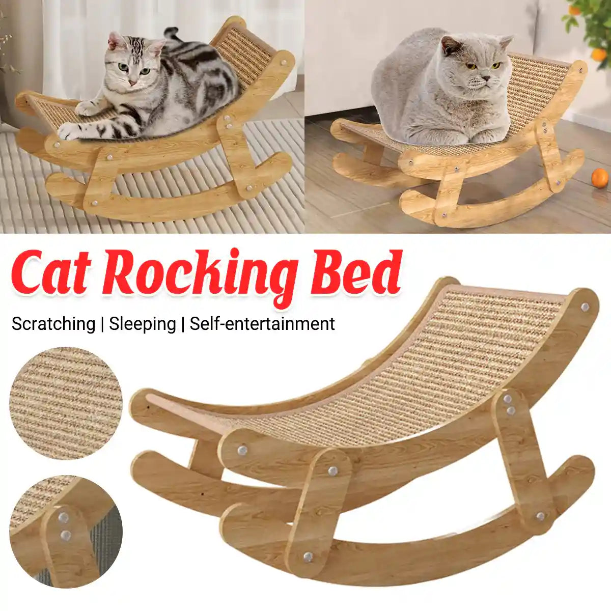 Sisal Cat Rocking Bed With Wooden Frame For Scratching And Napping