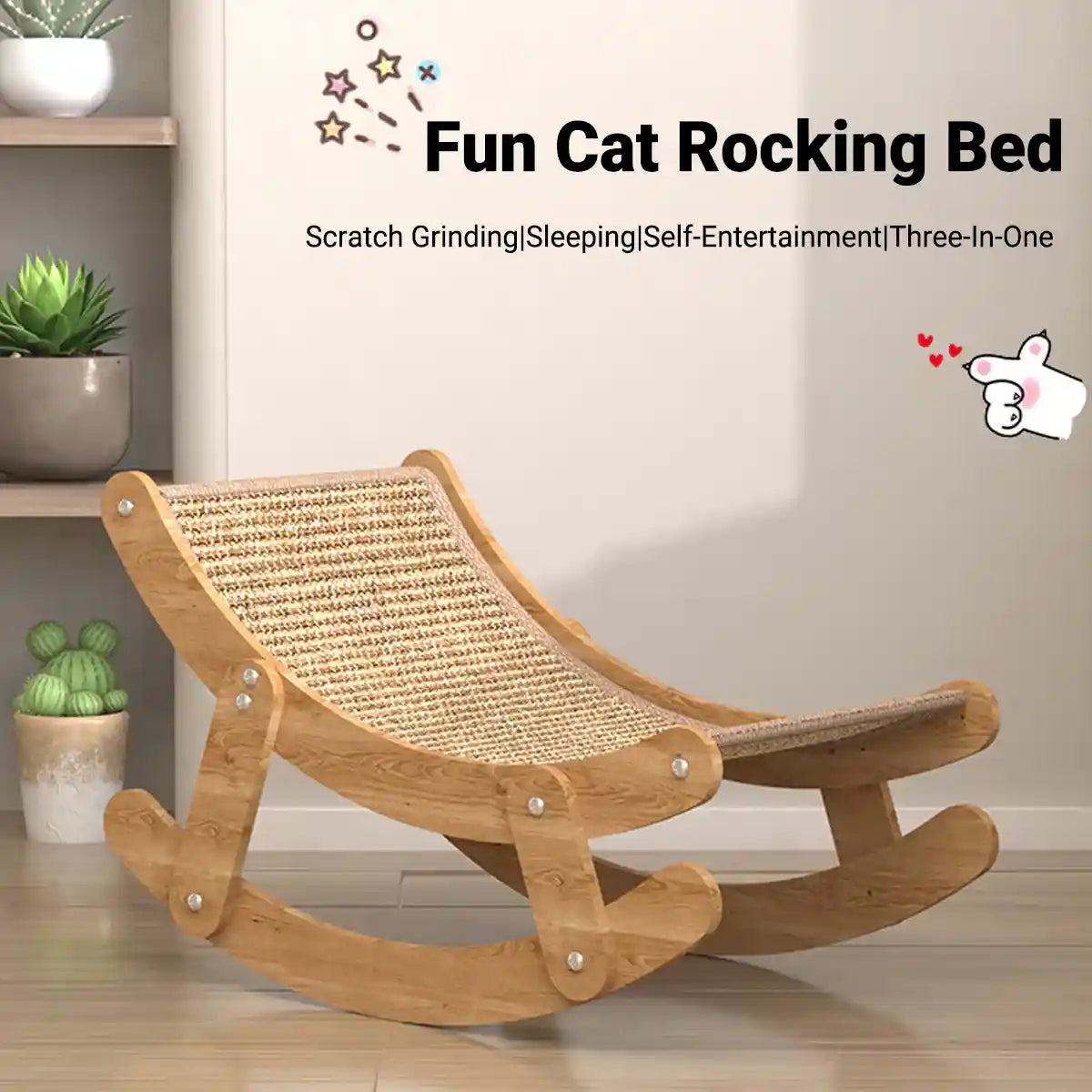 Sisal Cat Rocking Bed With Wooden Frame For Scratching And Napping