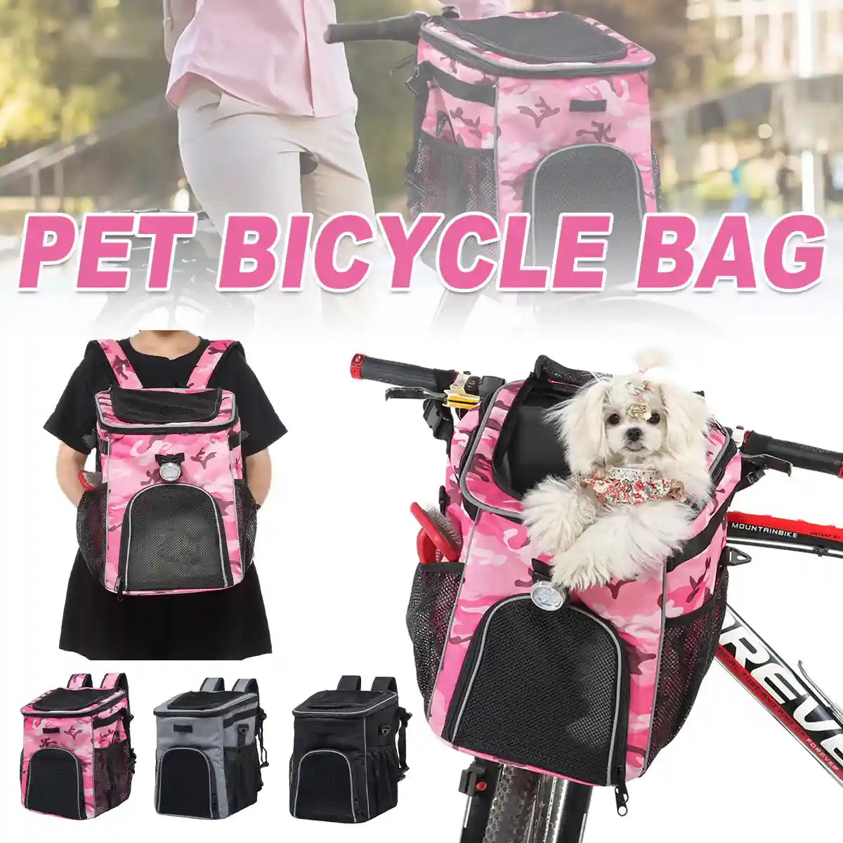 Pink Camouflage Pet Bicycle Carrier Backpack for Small Animals