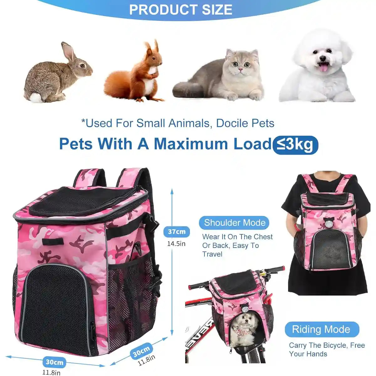 Pink Camouflage Pet Bicycle Carrier Backpack for Small Animals