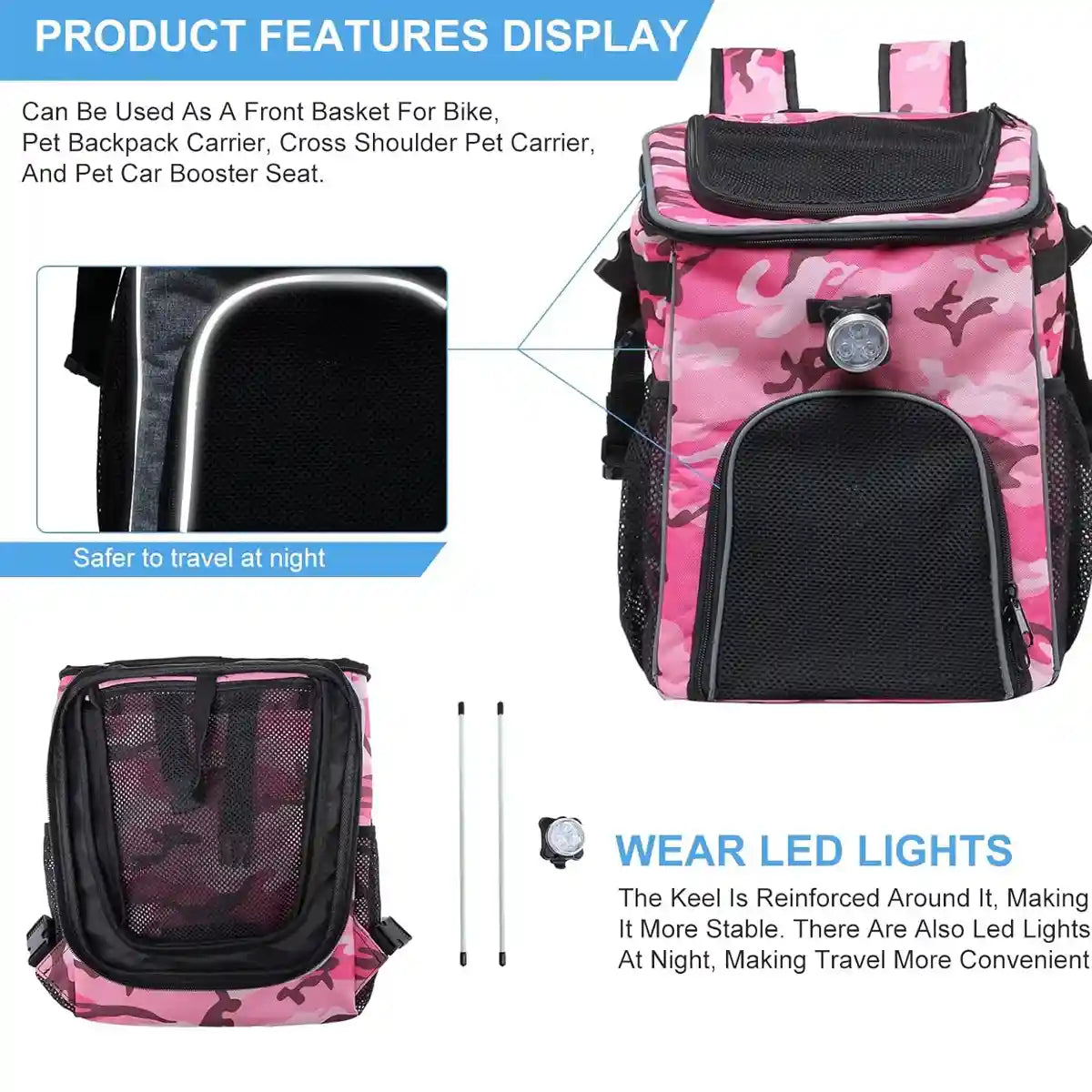 Pink Camouflage Pet Bicycle Carrier Backpack for Small Animals