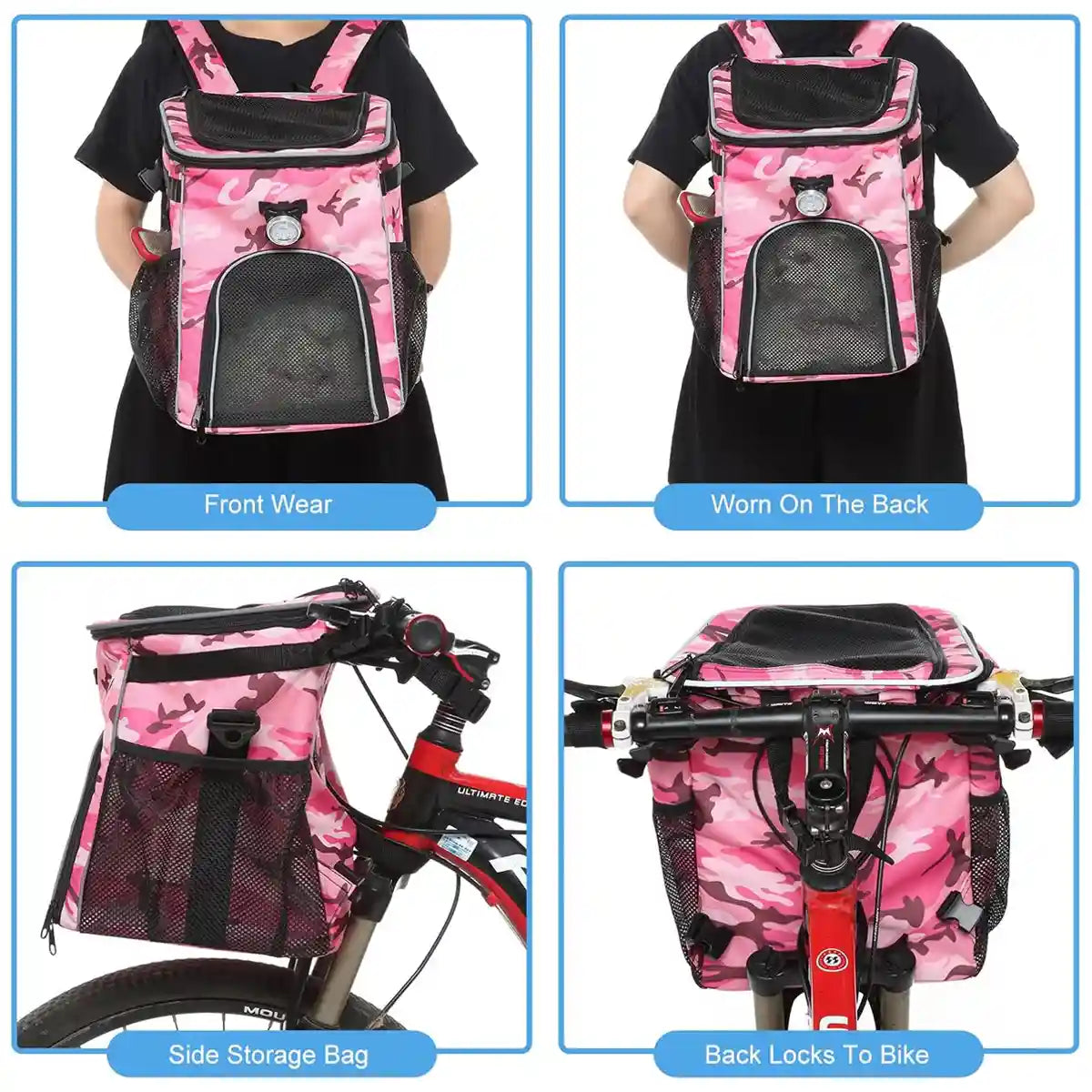 Pink Camouflage Pet Bicycle Carrier Backpack for Small Animals