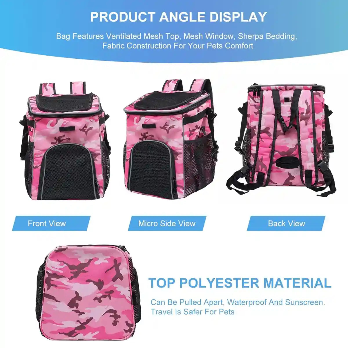 Pink Camouflage Pet Bicycle Carrier Backpack for Small Animals