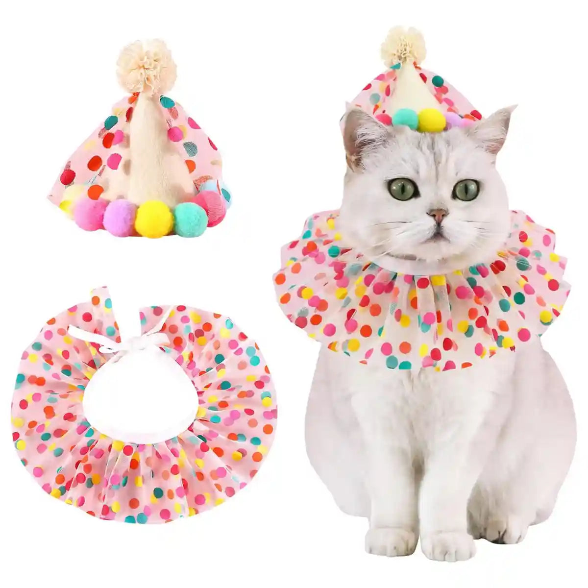 Cute Pet Birthday Dress Up Set with Hat and Ruffle Collar
