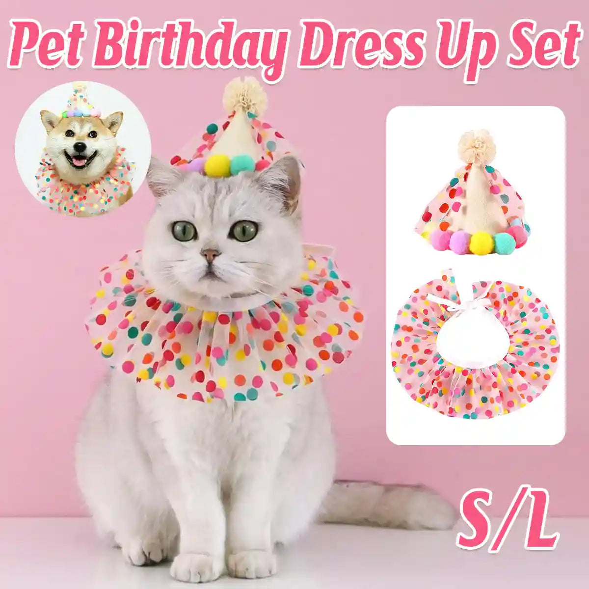 Cute Pet Birthday Dress Up Set with Hat and Ruffle Collar