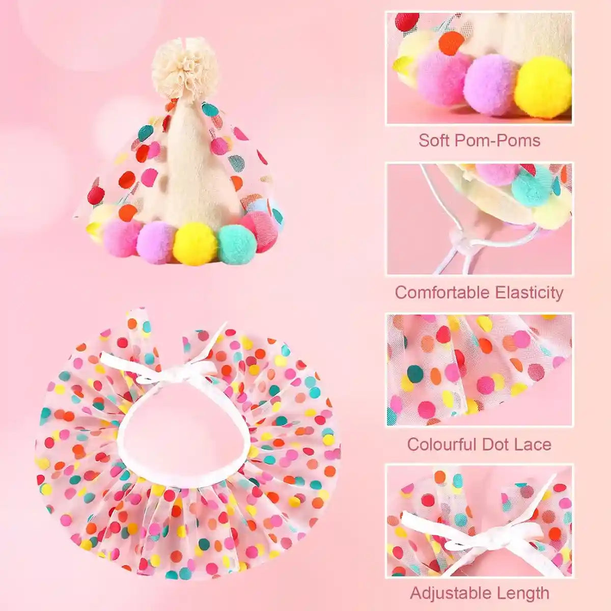 Cute Pet Birthday Dress Up Set with Hat and Ruffle Collar