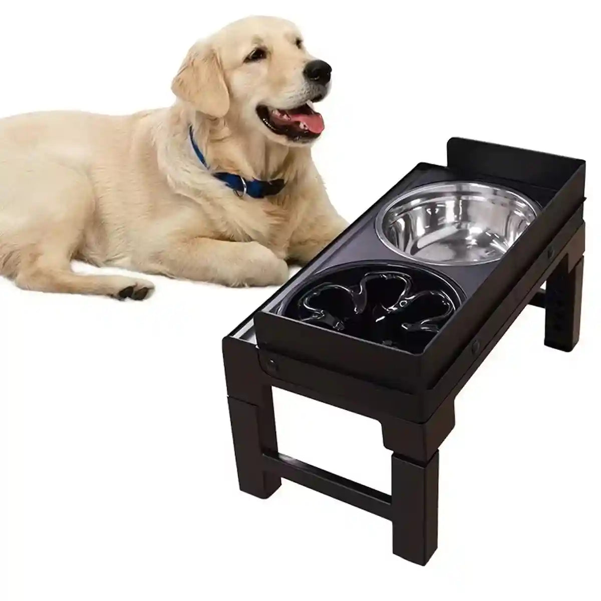 Adjustable Elevated Dog Bowl Stand With Non-Slip Base And Slow Feeder