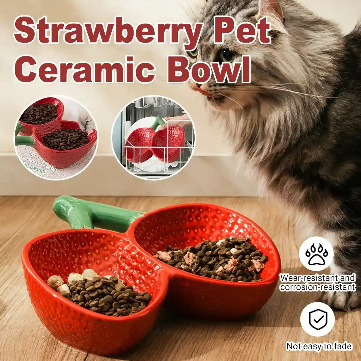 Strawberry Shaped Ceramic Pet Bowl for Cats and Small Dogs