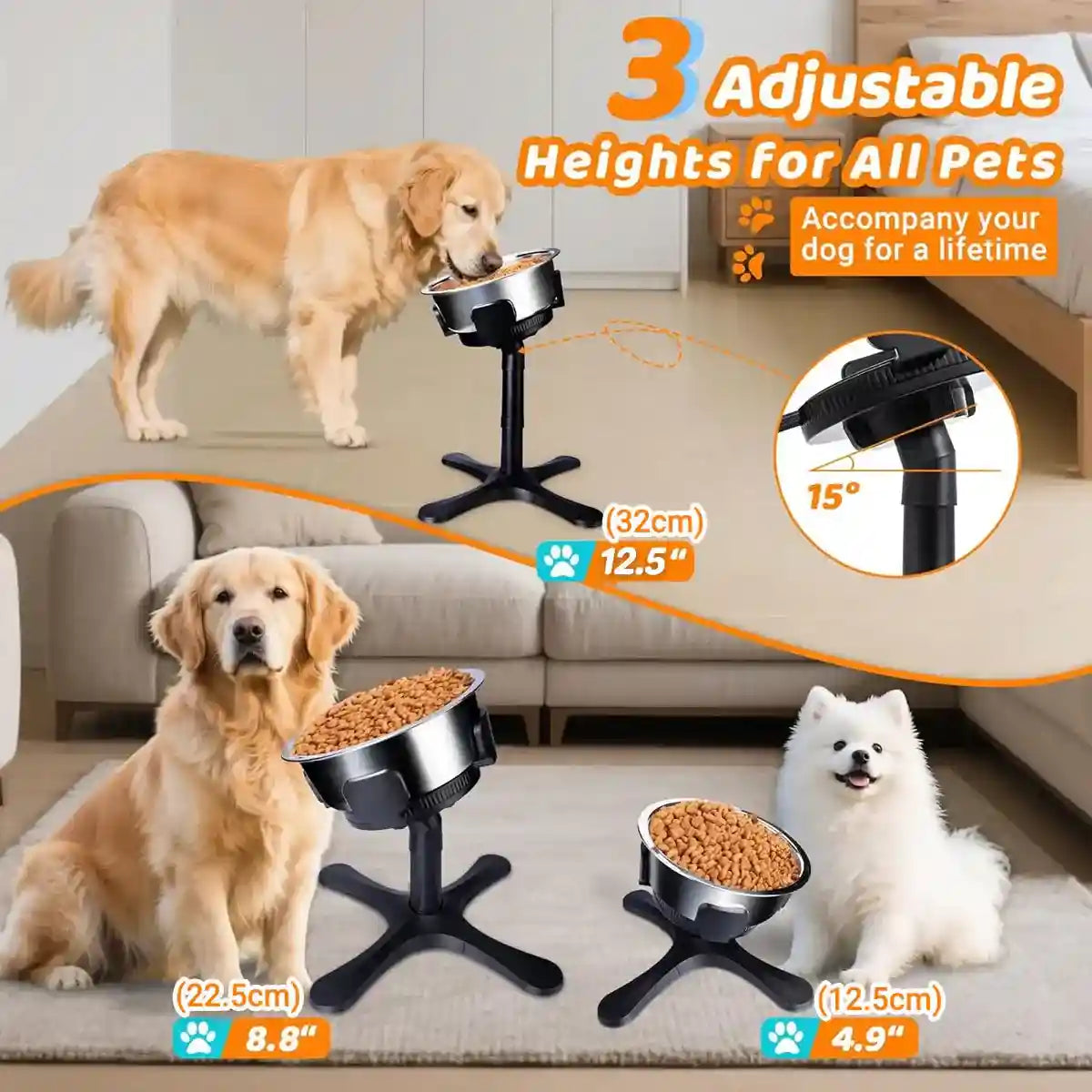 Adjustable Dog Bowl Stand with 3 Heights and Tilt