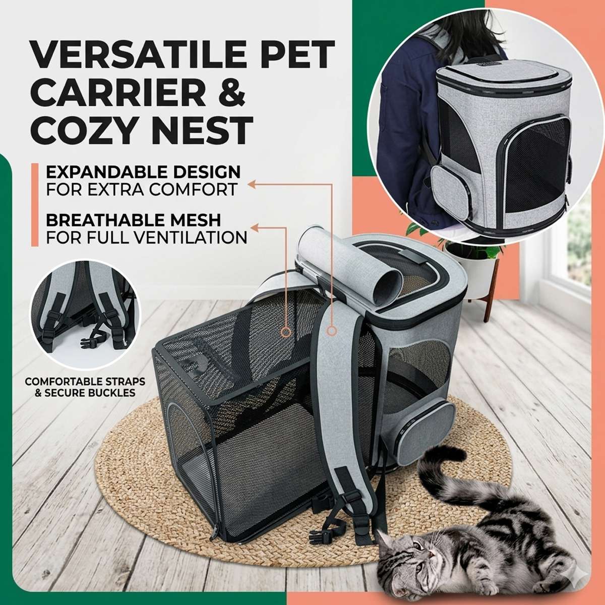 Expandable Pet Travel Backpack - Cat Carrier Bag for Small Dogs