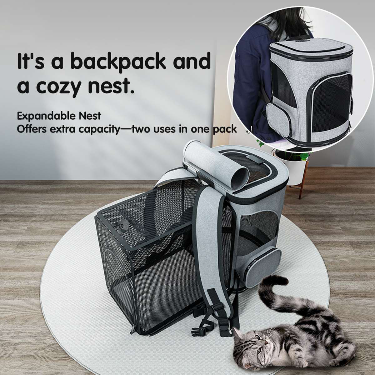 Expandable Pet Travel Backpack - Cat Carrier Bag for Small Dogs