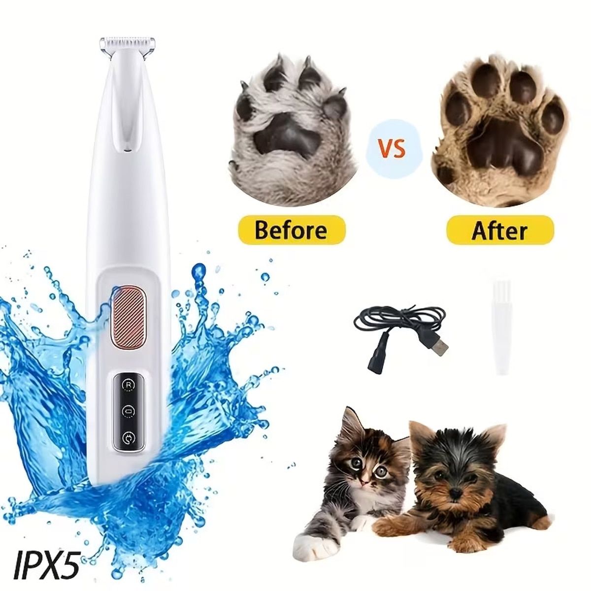 White LED Pet Paw Hair Trimmer with USB Cable