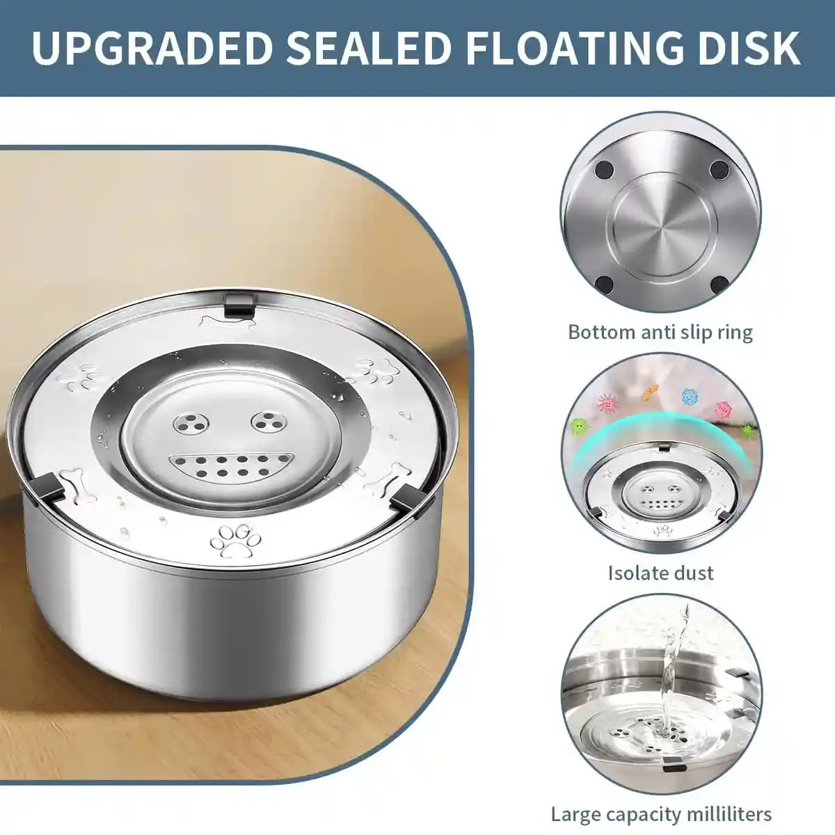 Stainless Steel Pet Floating Water Bowl Spillproof 1L/3L