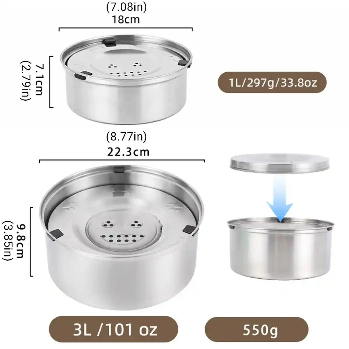 Stainless Steel Pet Floating Water Bowl Spillproof 1L/3L