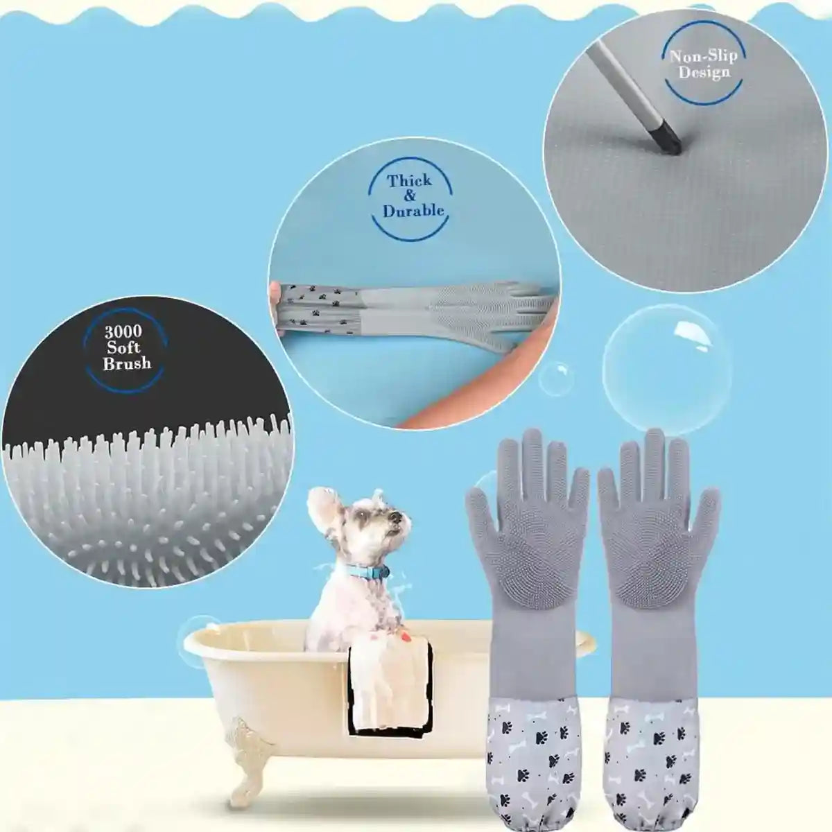 Extended Silicone Pet Bathing Gloves with Soft Brush Surface