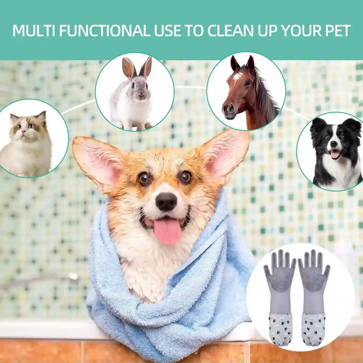 Extended Silicone Pet Bathing Gloves with Soft Brush Surface
