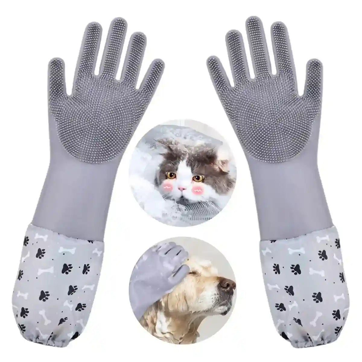 Extended Silicone Pet Bathing Gloves with Soft Brush Surface