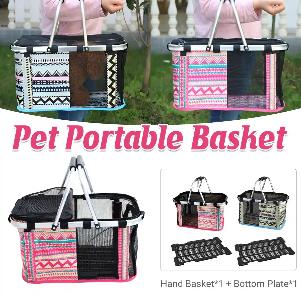 Foldable Mesh Pet Carrier Basket with Aluminium Handle