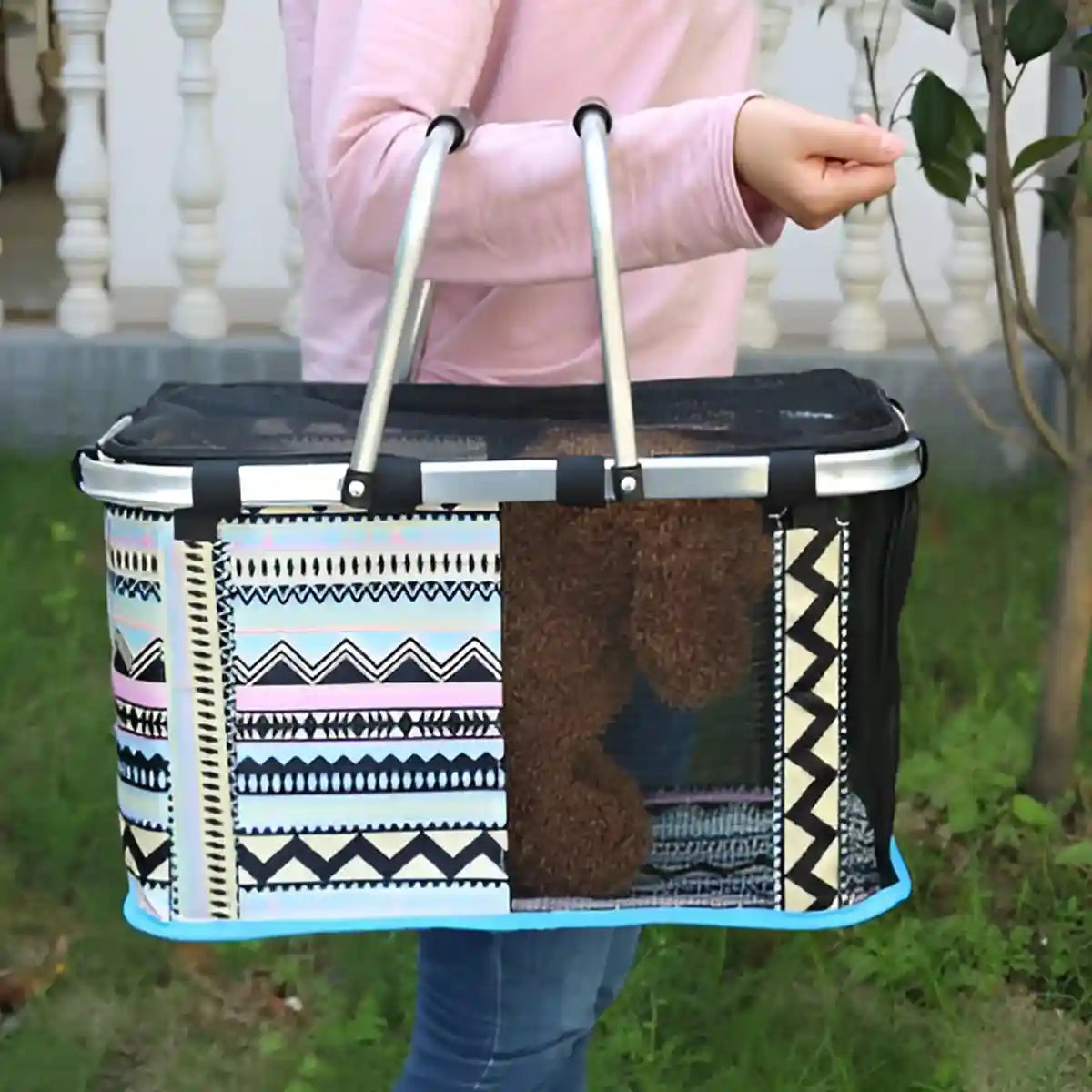 Foldable Mesh Pet Carrier Basket with Aluminium Handle
