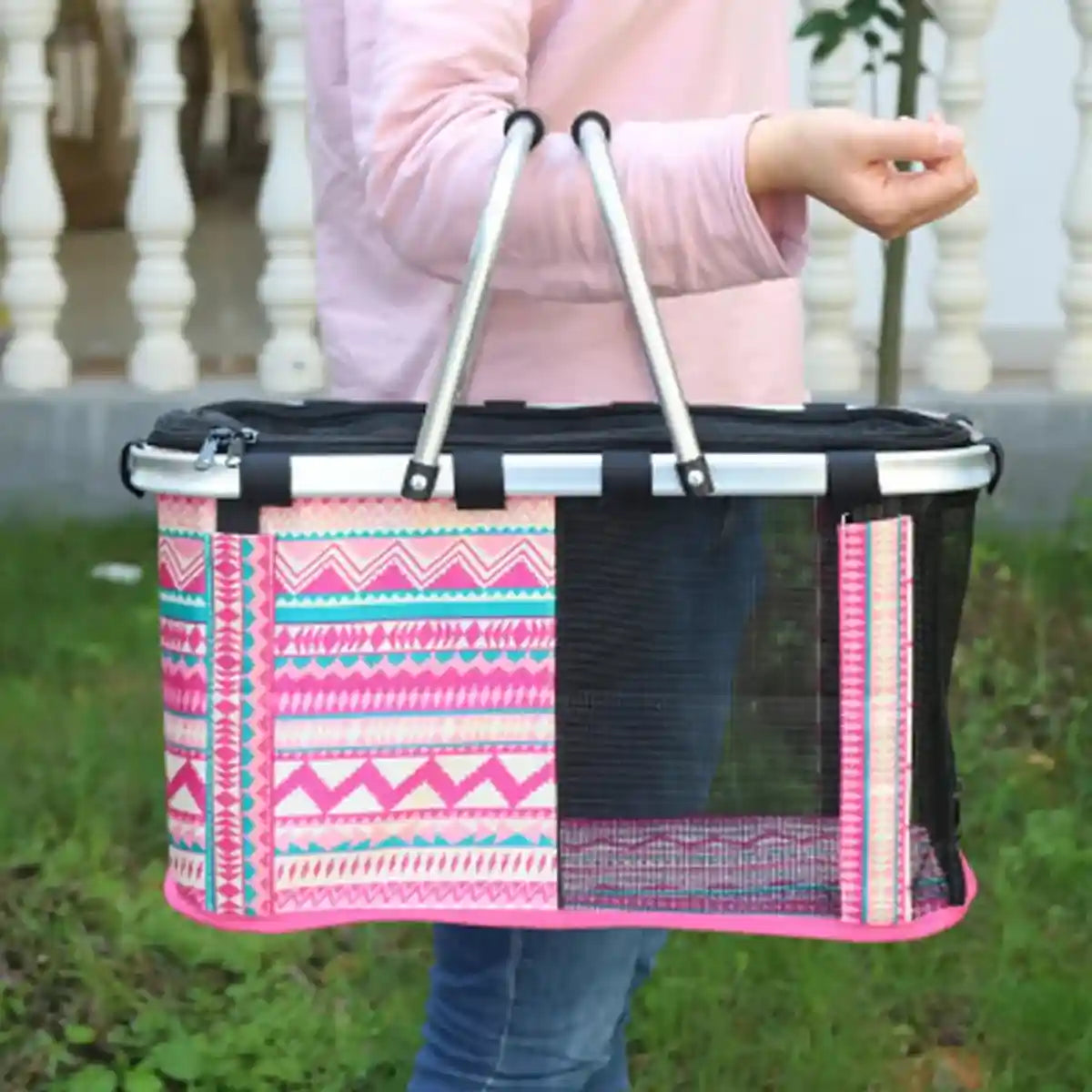 Foldable Mesh Pet Carrier Basket with Aluminium Handle