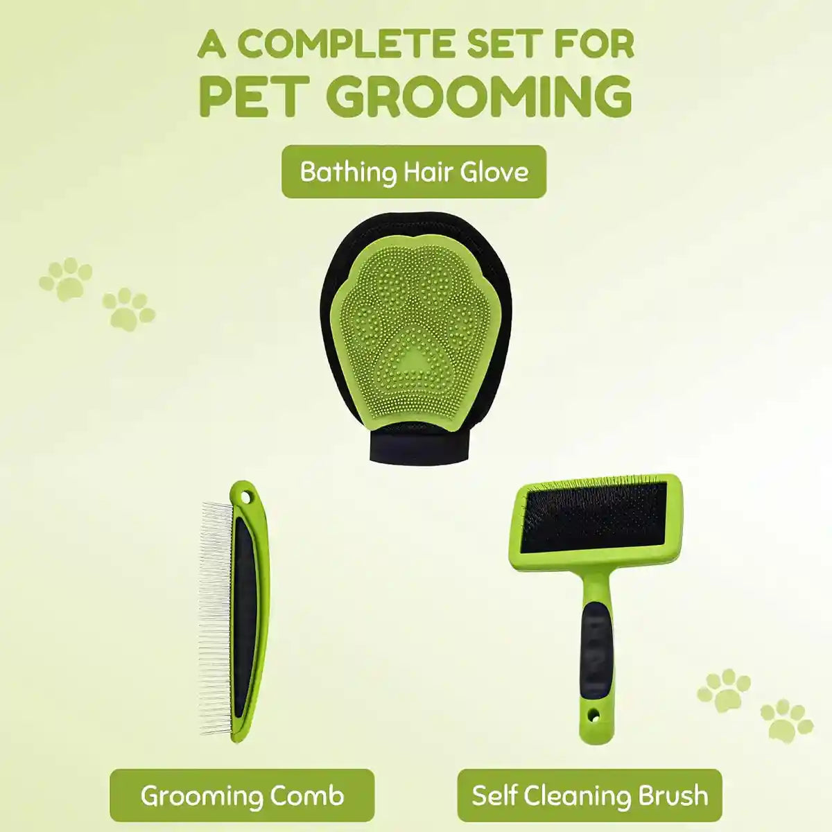 Pet Grooming Kit 3-Piece Set with Self-Cleaning Brush Comb & Bath Glove
