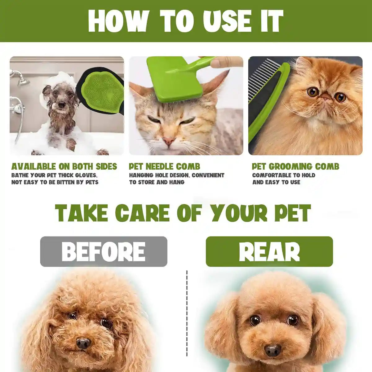 Pet Grooming Kit 3-Piece Set with Self-Cleaning Brush Comb & Bath Glove