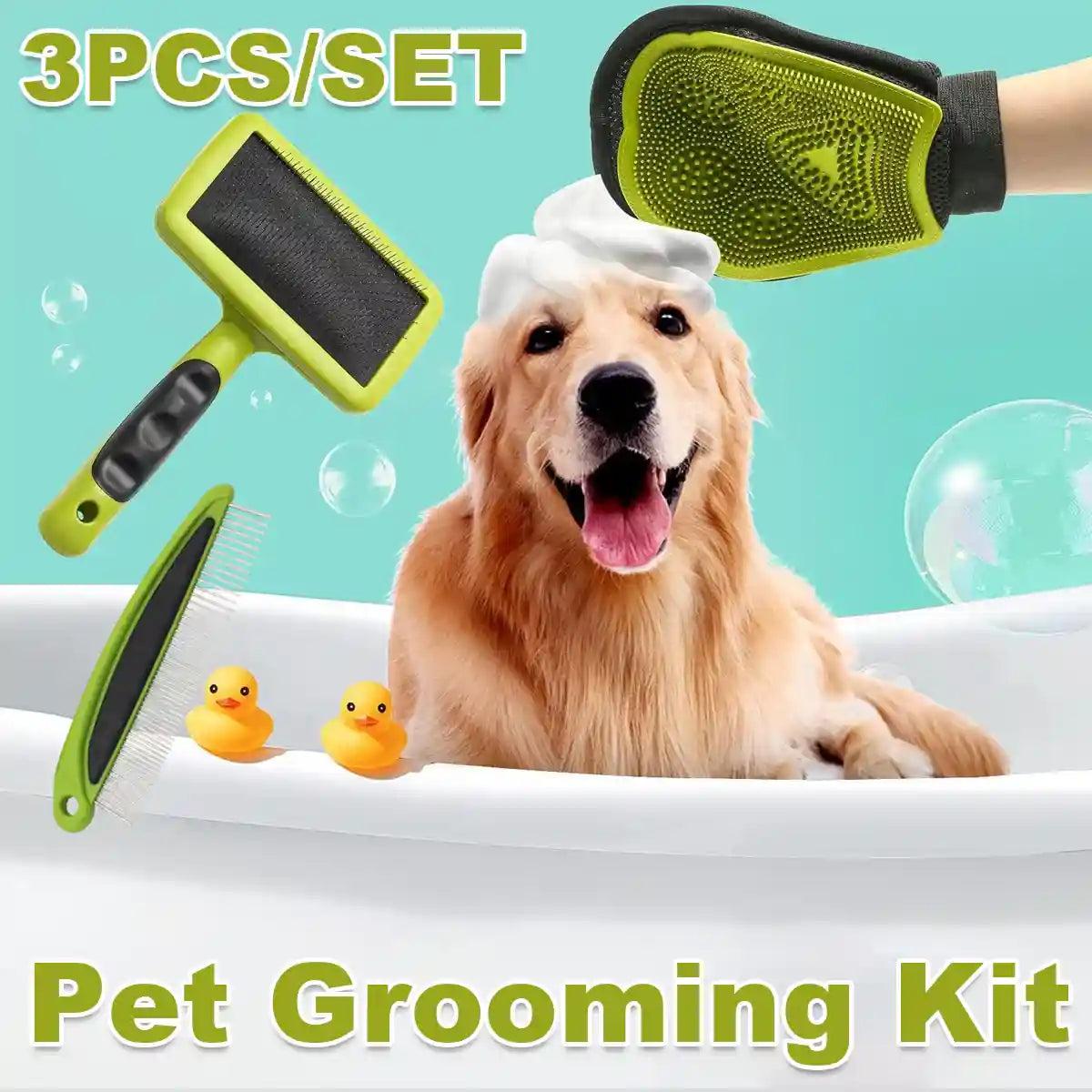 Pet Grooming Kit 3-Piece Set with Self-Cleaning Brush Comb & Bath Glove
