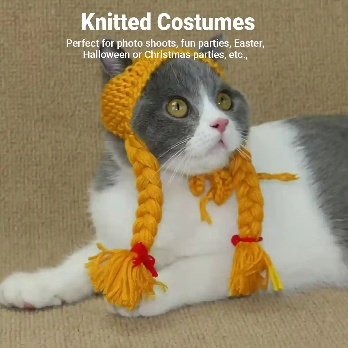 Braided Cat Hat Handmade Knitted Pet Wig