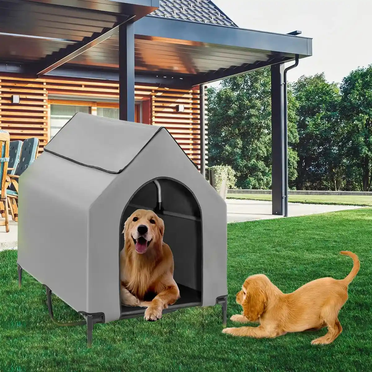Outdoor Waterproof Pet Tent with Elevated Bed for Dogs and Cats Description