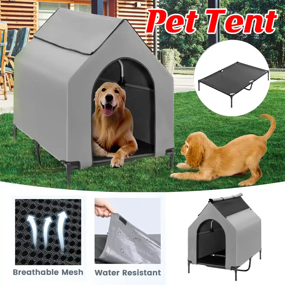 Outdoor Waterproof Pet Tent with Elevated Bed for Dogs and Cats Description