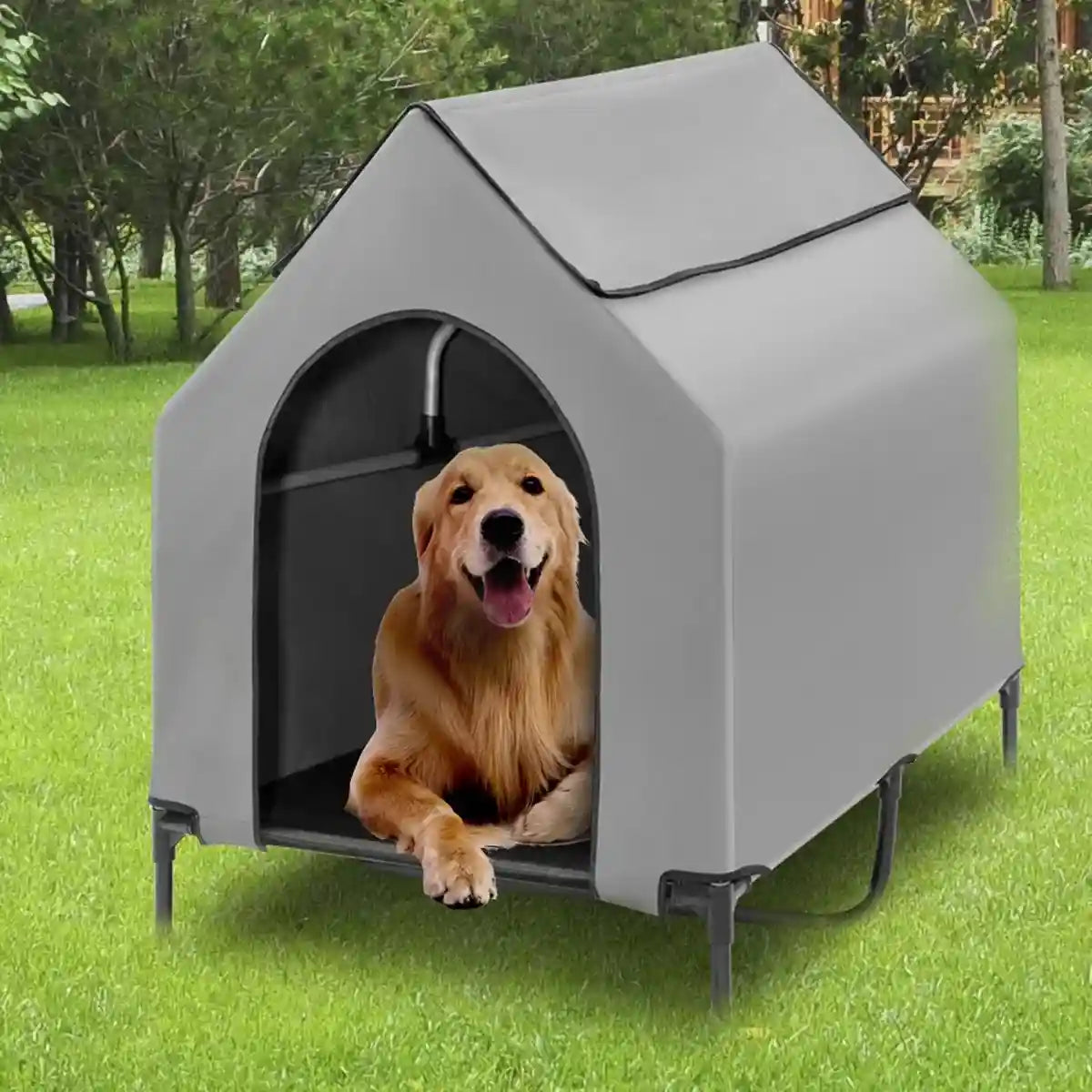 Outdoor Waterproof Pet Tent with Elevated Bed for Dogs and Cats Description