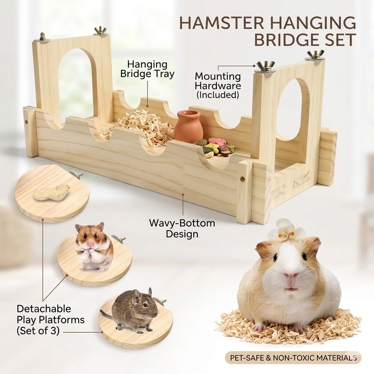 Wooden Hamster Hanging Bridge Set with 3 Play Platforms