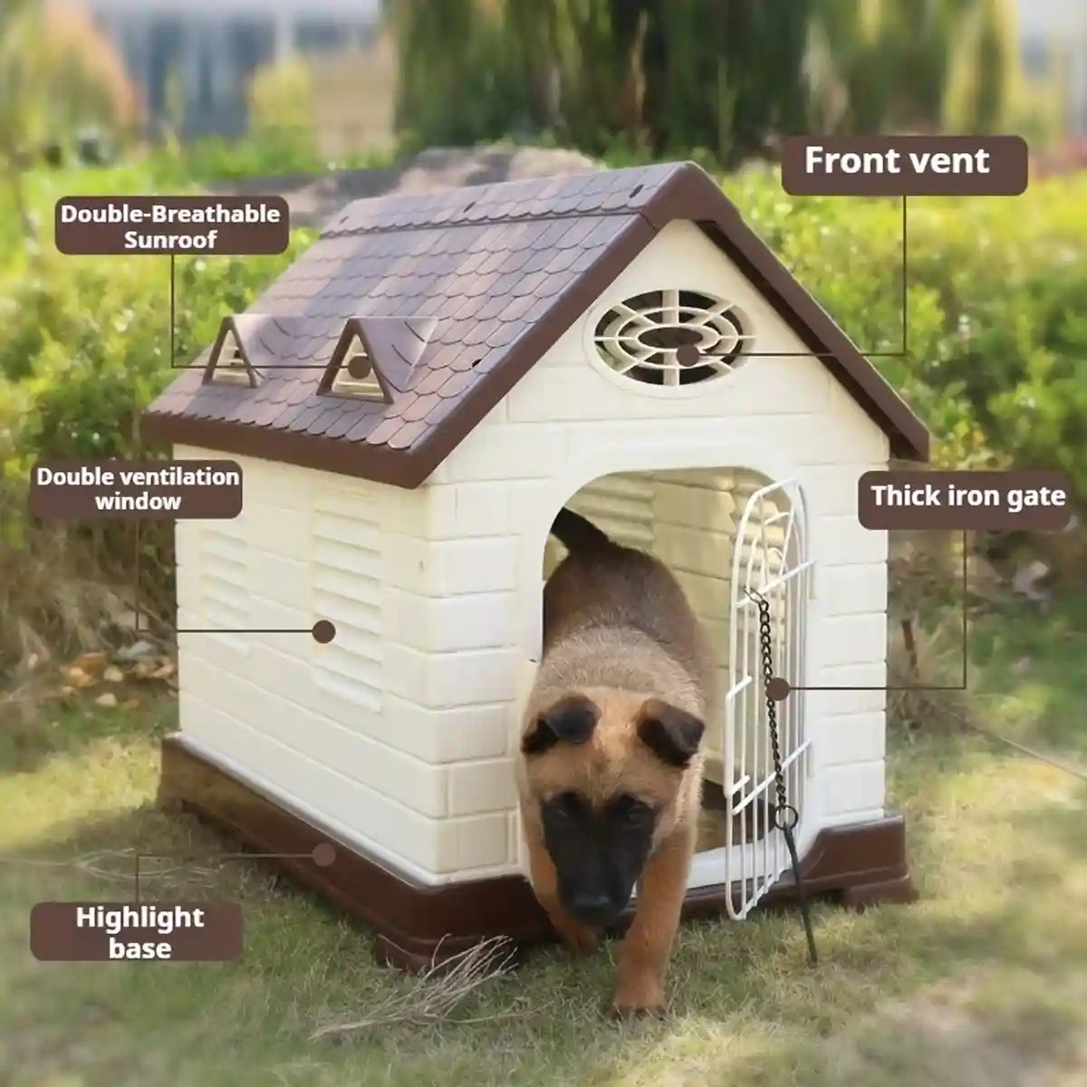 Outdoor Plastic Dog House with Ventilation and Iron Gate