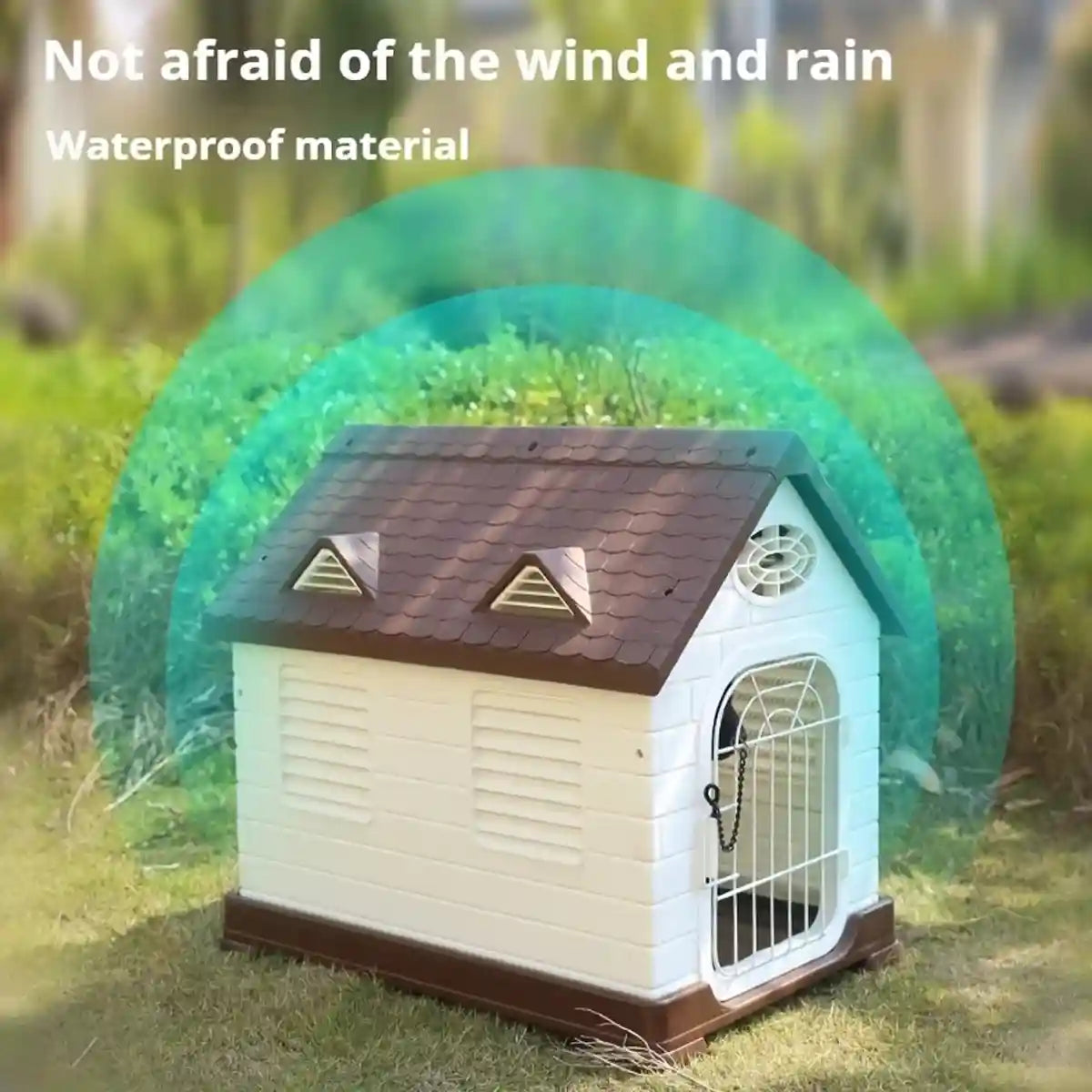 Outdoor Plastic Dog House with Ventilation and Iron Gate