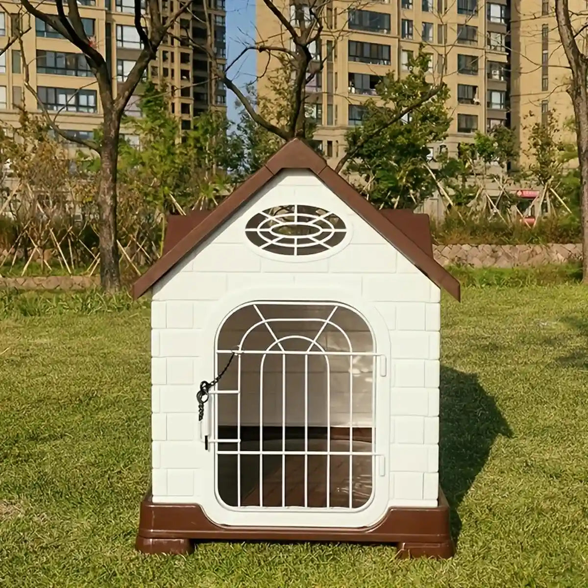 Outdoor Plastic Dog House with Ventilation and Iron Gate