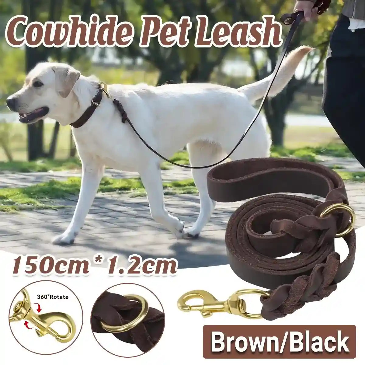 Durable Cowhide Dog Leash With Brass Clasp For Large Pets