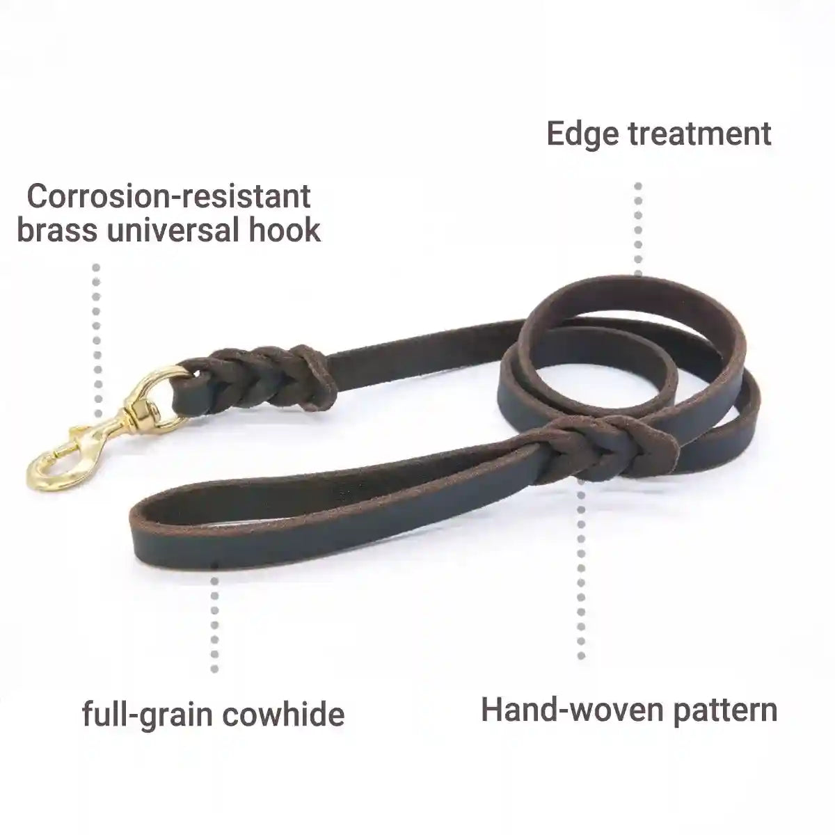 Durable Cowhide Dog Leash With Brass Clasp For Large Pets
