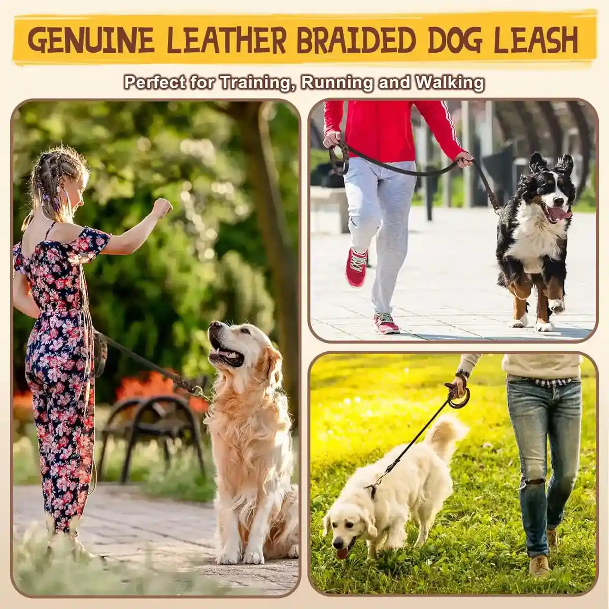Durable Cowhide Dog Leash With Brass Clasp For Large Pets