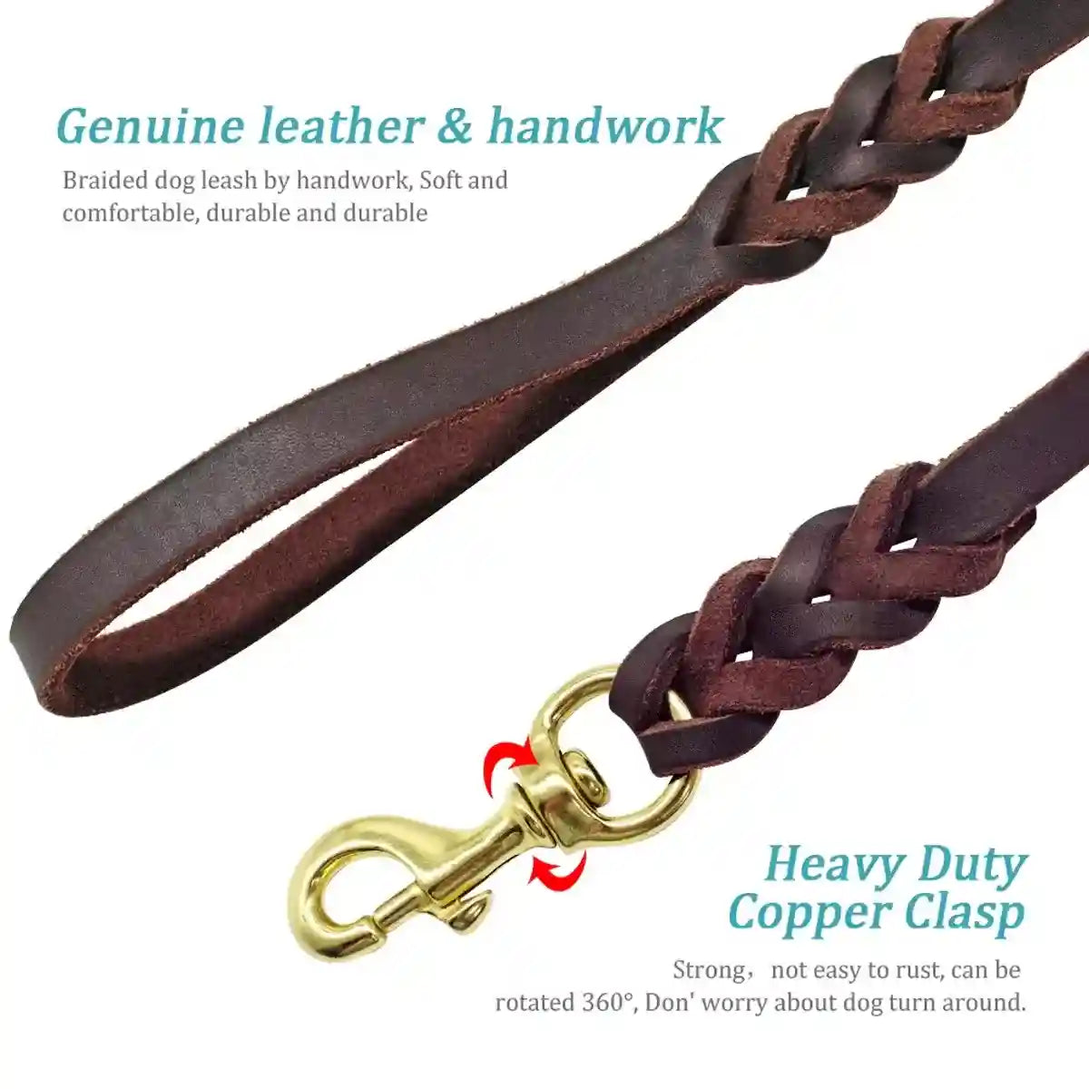 Durable Cowhide Dog Leash With Brass Clasp For Large Pets