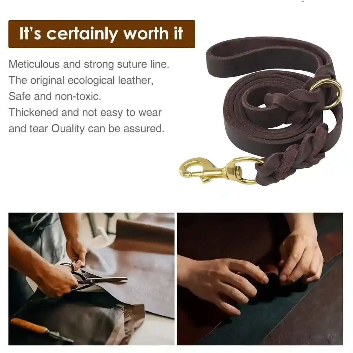Durable Cowhide Dog Leash With Brass Clasp For Large Pets
