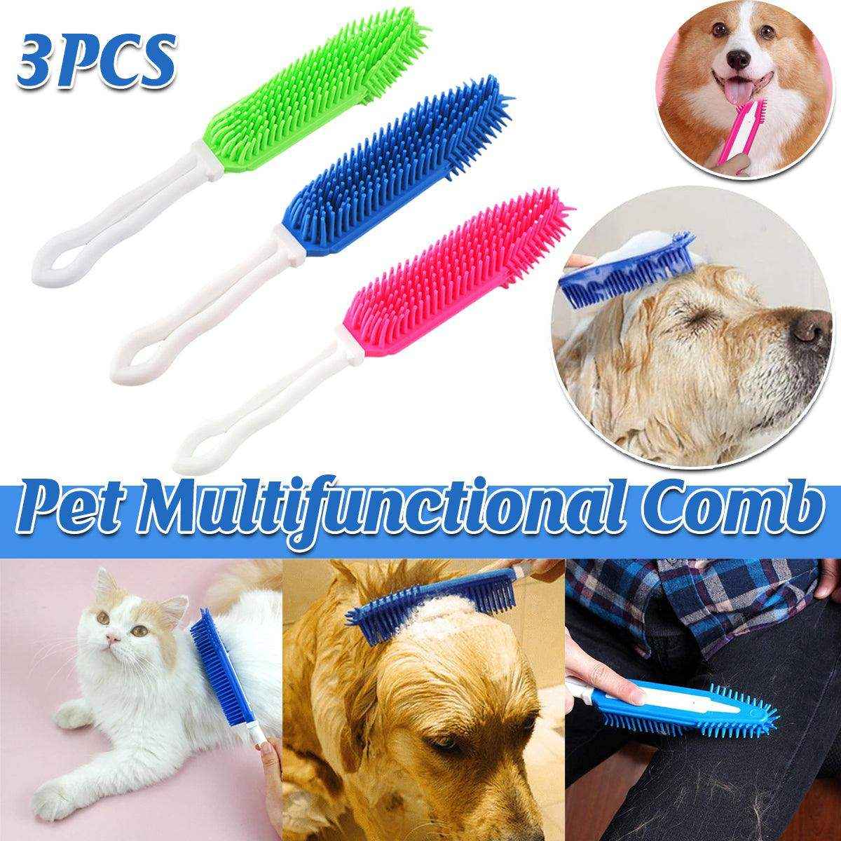 Dog grooming brush set with soft silicone bristles for bathing, deshedding, and massaging, perfect for home and travel use.