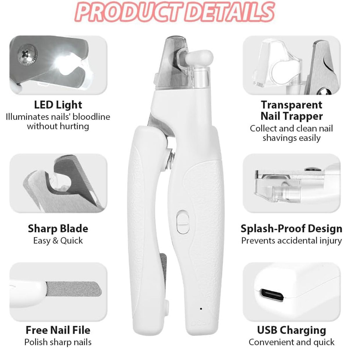White LED Cat Nail Clippers with Safety Lock