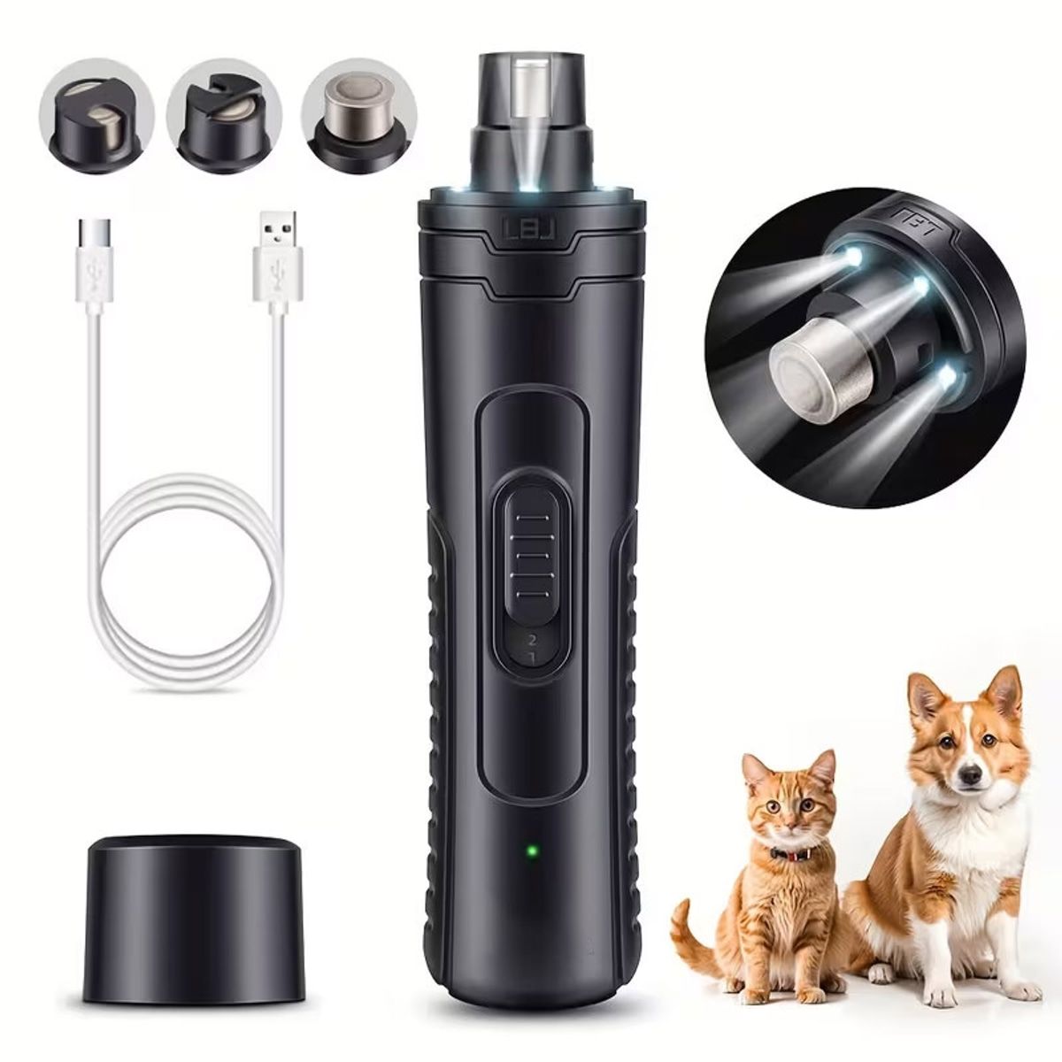 Black Triple LED Dog Nail Grinder with 2 Speeds