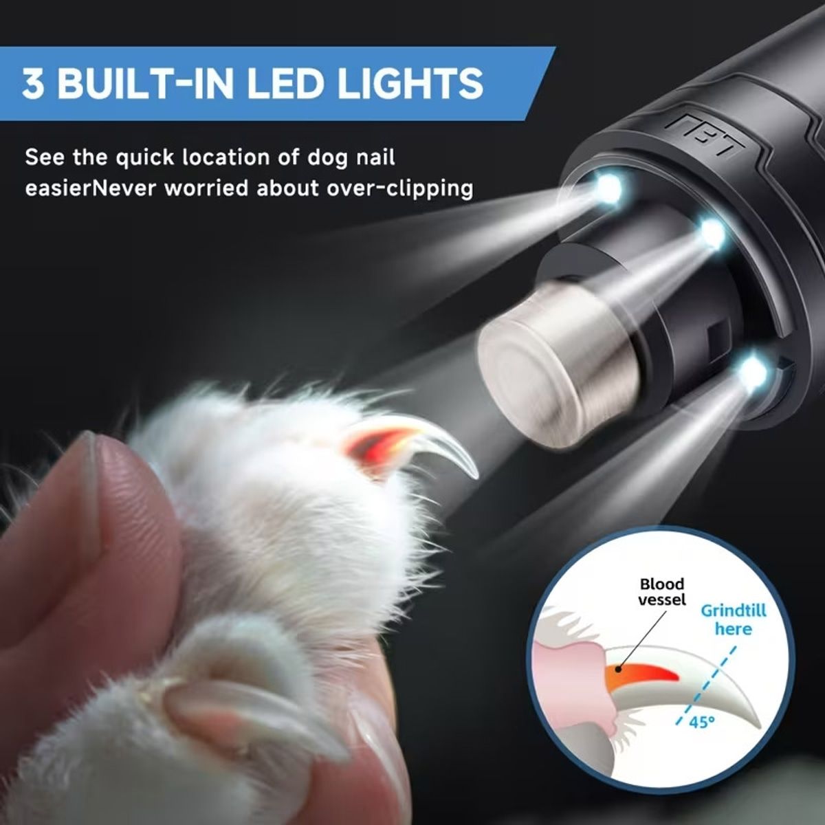 Black Triple LED Dog Nail Grinder with 2 Speeds