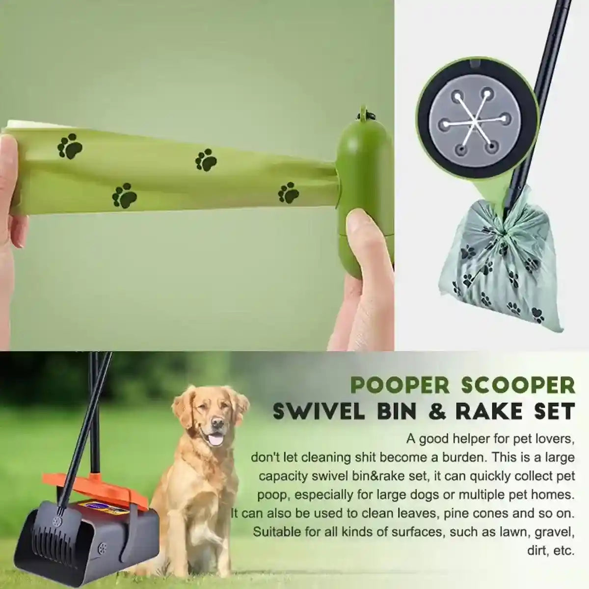 Pooper Scooper Swivel Bin & Rake Set Easy Pet Waste Cleanup with 35 Bags